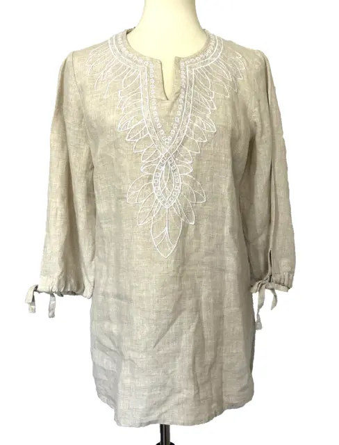 Style & Co Womens 6 Beige 100% Linen Tunic Top Blouse Embroidered 3/4 Tie Sleeve