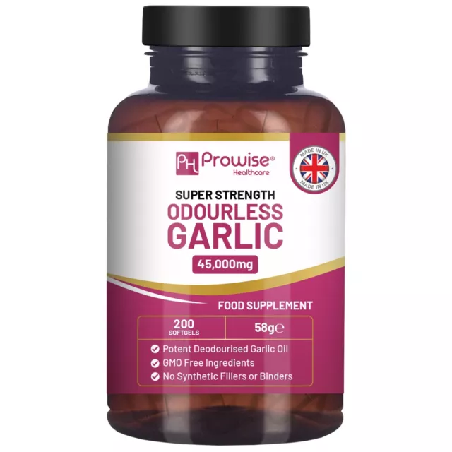 Premium Odourless Garlic Capsules - High Strength 45,000mg - 200 Softgels