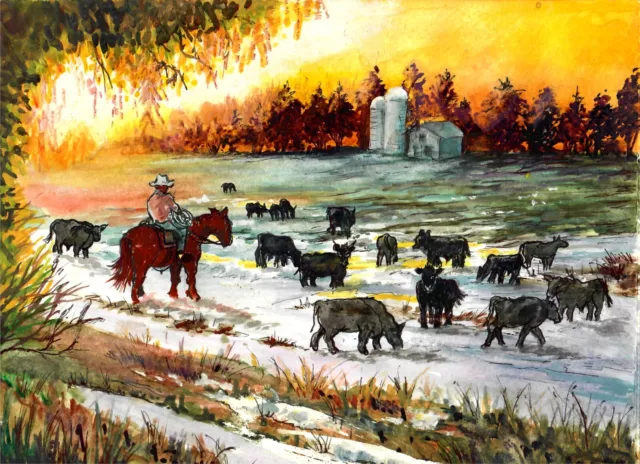 Cowboy And Angus Cattle, Cowboy Art Print, Country Art, Western Art Print, Angus