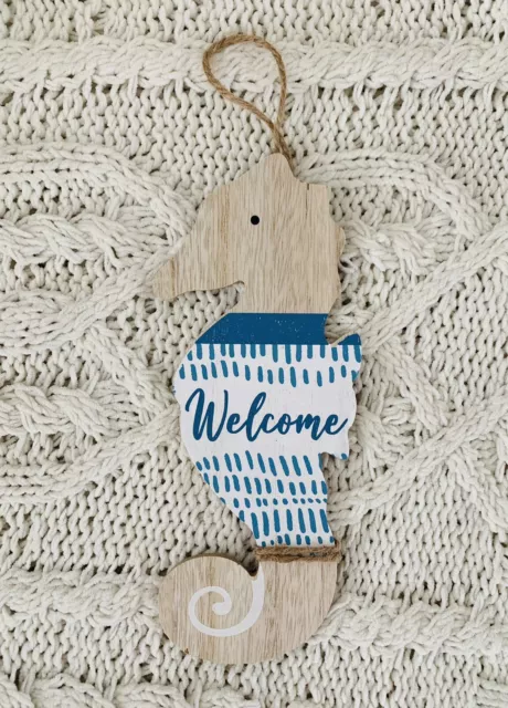 Coastal Wood Seahorse Welcome Hanging Sign Beach Home Decor