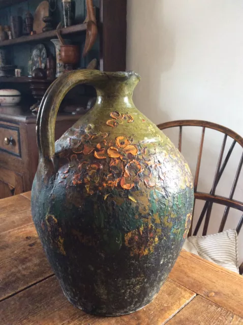 A Lovely Large 18th Century French Walnut Oil Jar Later Folk Art Appied