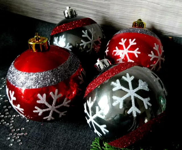 4 Weihnachtskugeln m.Schneeflocke-silber/rot/grau-Glitter-8 cm Kugel-Baumschmuck