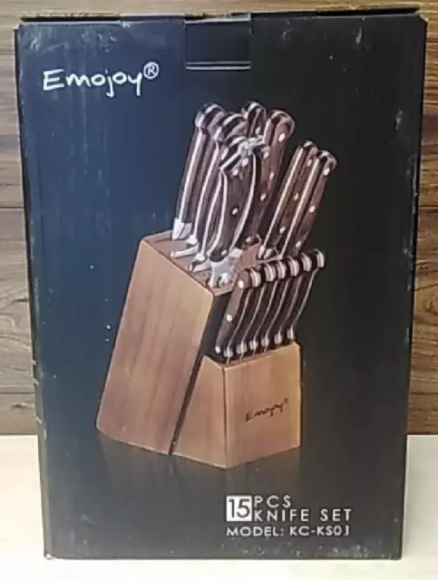 EMOJOY Knife Set 15-Piece Kitchen Knife Set with Sharpener Wooden Block  kc-ks01
