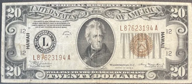 1934 A Twenty Dollar Silver Certificate HAWAII Note $20 Bill Circulated #59186