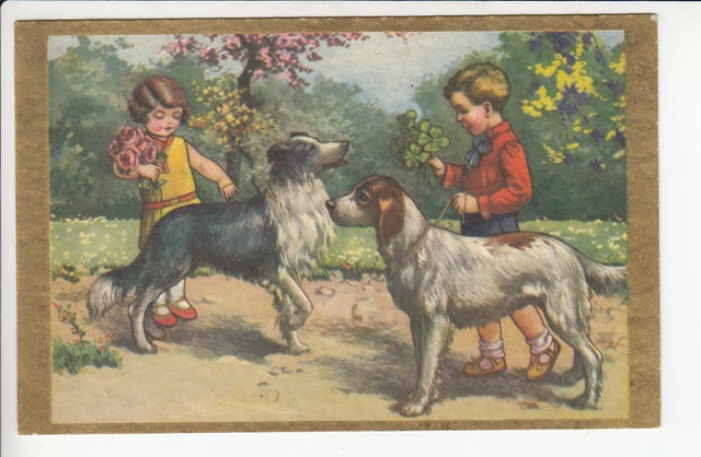 Cpa  Animal Fantaisie -  Chien Dog Enfants Fille & Garcon Au Parc 1920 ~D37