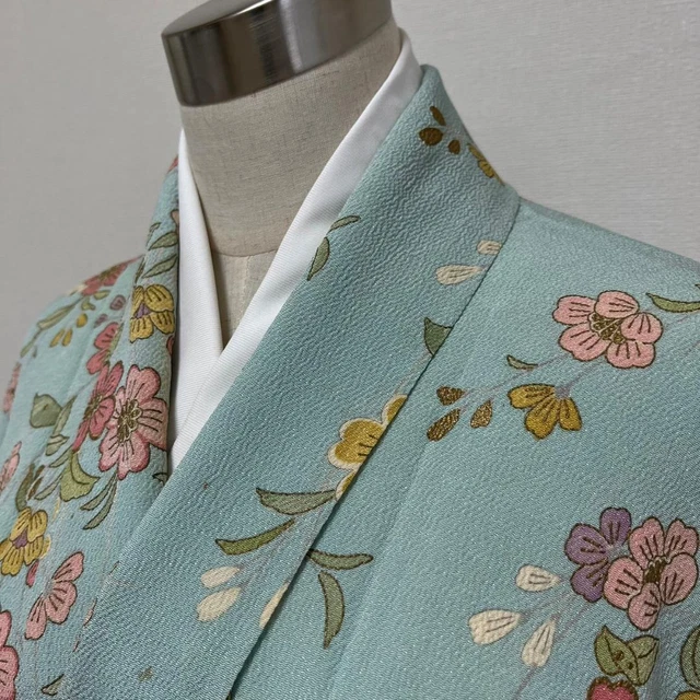 Japanese Pure Silk Fine Pattern Kimono Komon 158cm Cherry Blossoms Pattern Blue