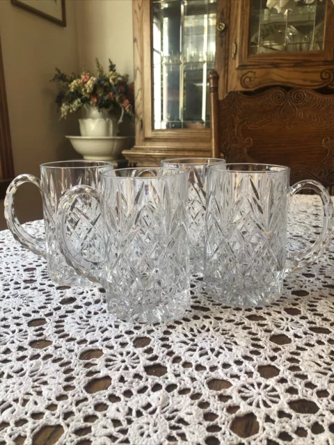 Handcrafted Clear Scalloped Handle Cut Lead Heavy Crystal Beer Mugs Set Of 4 2