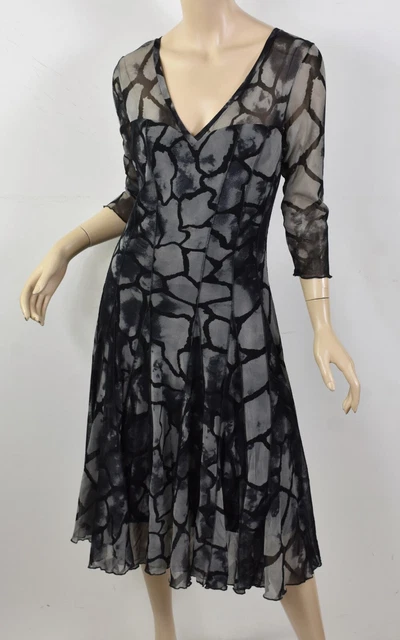 ELANA KATTAN Gray & Black MAXIMA Paneled Stretch Mesh Fit & Flare Midi Dress L