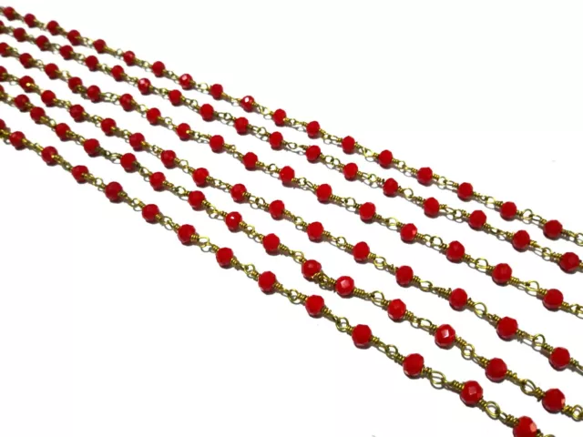 Red Coral Lab-Created Hydro Rosary Beaded Chain 24k Gold Plated Wire 3 Feet 2