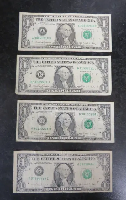 4 x United States Of America One Dollars Bank Note Federal Reserve