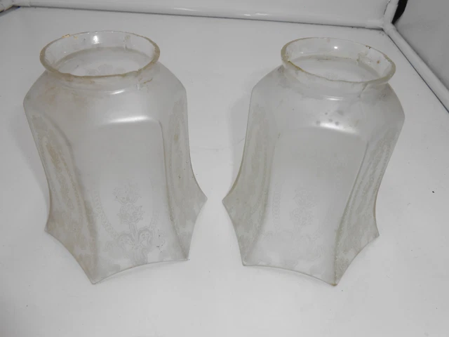 Pair Of 2 Matched  2 1/4"  Fitter Etched Glass Floral Gas Lamp Shades