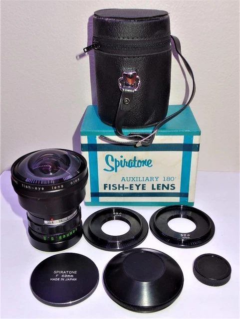 Vintage SPIRATONE .15x 180deg FISHEYE LENS 49 & 52mm Mounts, Case & Box EX++