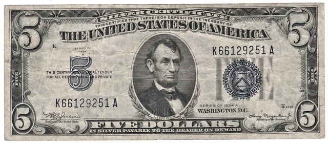 CRISP 1934 A Five Dollar Bill Silver Certificate Blue Seal Nicely Circulated!
