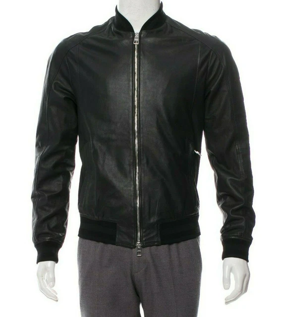 Hombre Negra Cazadora Bomber de Cuero Genuino Piel Cordero Moda Motero Abrigo