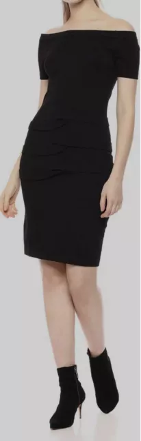 $499 Nicole Miller Atelier Womens Black Pleated Off-Shoulder Sheath Dress Size S