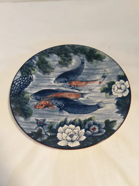 VTG Japanese Sun Ceramics Blue White Red Koi Fish Porcelain Charger Plate 12"