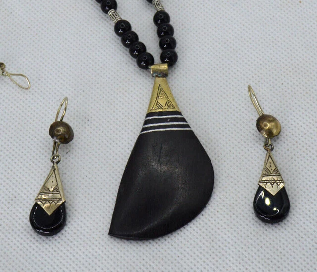Handmade African Bohemian Old Tuareg Necklace & Earrings Onyx Ebony Beads Berber
