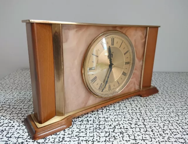 50s 60s Vintage Retro Metamec Mantel Clock Teak Onyx Marble Look MCM Kienzle 3