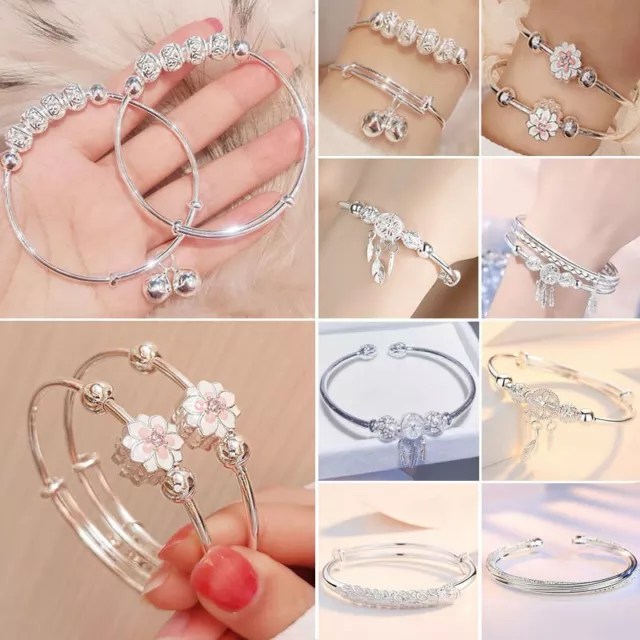 925 Silver Plated Luck Beads Dreamcatcher Cuff Bracelet Bangle Women Jewelry