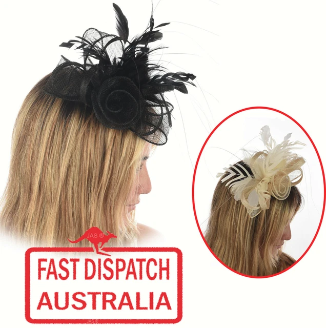 Melbourne Cup Spring Racing Carnival Fascinator Headband - Feather & Linen, Clip Fastening, One Size Fits All