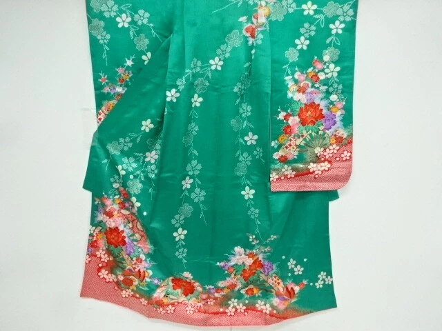 40532# Japanese Kimono / Antique Kimono For Girls / Wheel Pattern & Flowers