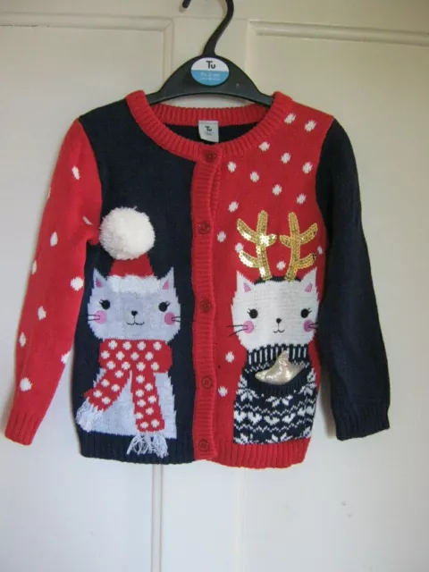 Girls Tu Christmas Cat Design Red/Navy Cardigan 1.5 - 2 Years New Bnwt Gift Pres