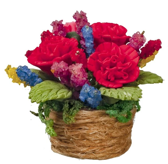 Dolls House Red Carnations House Plant in Rope Basket 1:12 Home Garden Accessory