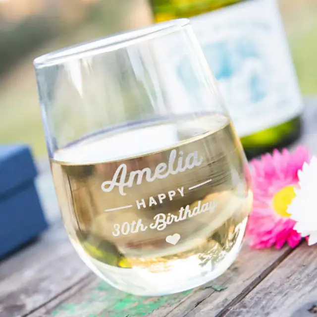 Birthday Personalised Engraved Name Stemless Wine Glass Present Gift 30th 40th 2