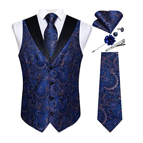 Men's Paisley Waistcoat and Necktie Pocket Square XX-Large Blue Slim Fit Vest