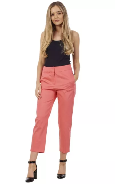 Ladies  Pink Cotton Rich Slim Cropped Pants 3/4 Womens Stretch Crop Trousers