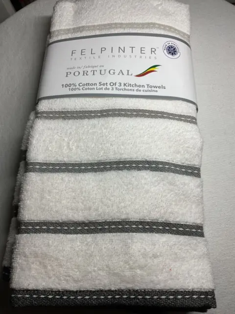FELPINTER KITCHEN TOWELS (3) WHITE TAN KHAKI DOTS 100% COTTON 19.5