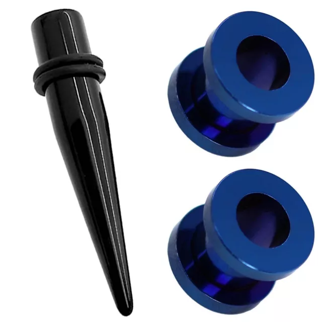 1x Dehnstab und 2x Flesh Tunnel Blau Dehnungsset Tunnelset Piercingschmuck Ohr