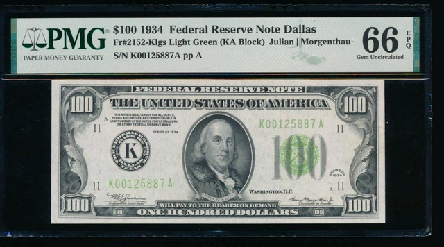 AC 1934 $100 Dallas FRN LGS PMG 66 EPQ Light Green Seal LGS Fr 2152-K pop 4/1