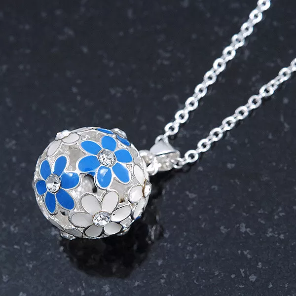 Blue, White Enamel, Crystal Flower Ball Pendant With Silver Tone Chain - 40cm