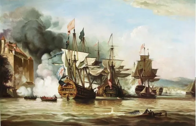 paysage marin guerre navale bateaux tableau peinture huile sur toile / war navy