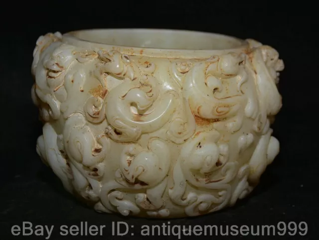6" Old Chinese White Jade Carving Dynasty Palace Dragon Pixiu Beast Jar Pot