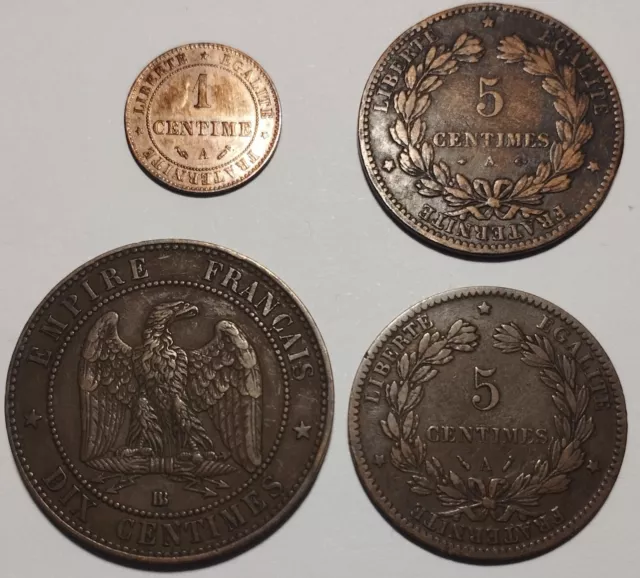 Lot de 4 jolies pièces cotées du XIX siècle, 1,5 et 10 centimes, très bel état.