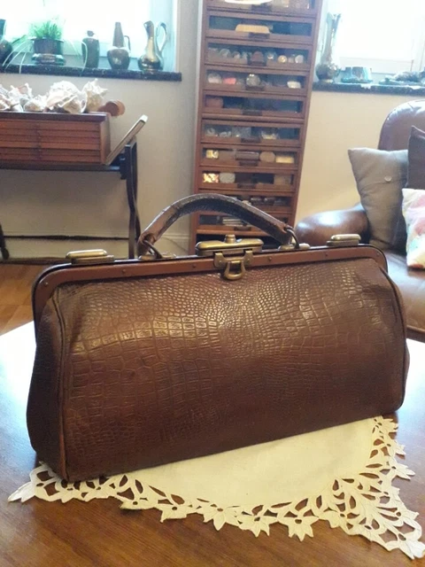 Sac De Voyage Vintage Années 1950 En Cuir Et Toile Marron - Style Bandoulière - Occasion