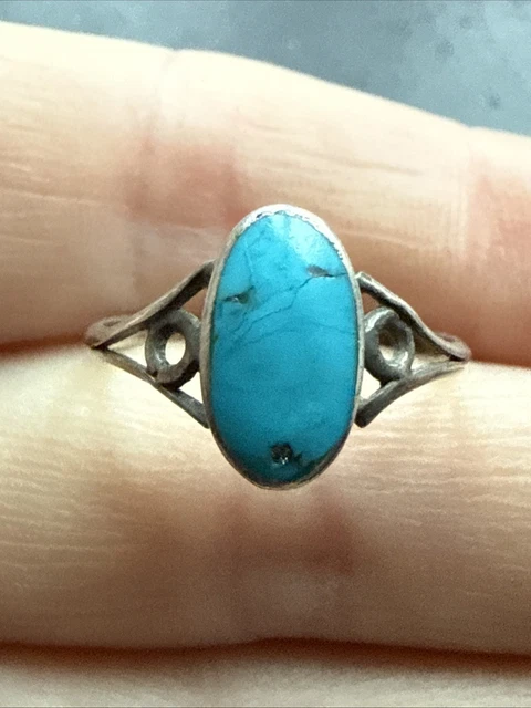 Ancienne Bague Argent Massif 925 - Jonc Alliance Anneau Créateur - Turquoise - Taille 51