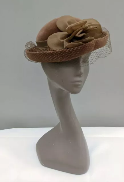 Vintage Kangol Hat Brown Wedding Occasion Flower Velvet Made in England net