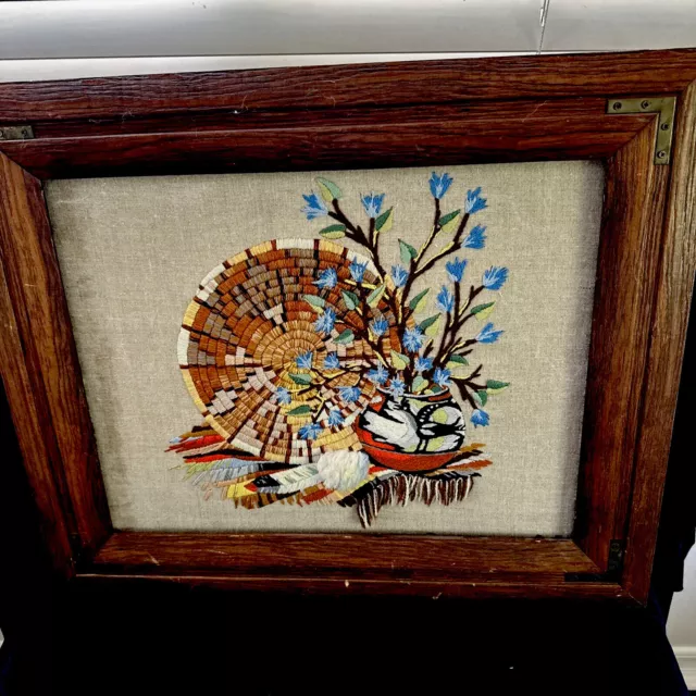 vintage needlepoint framed wall art. Southwest Native Basket Pottery Feather.(WW 2