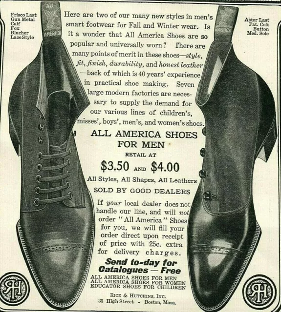 1904 Rice Hutchins WING TIP Shoes Boots Cobbler Shoemaker ORIGINAL Print Ad 4492