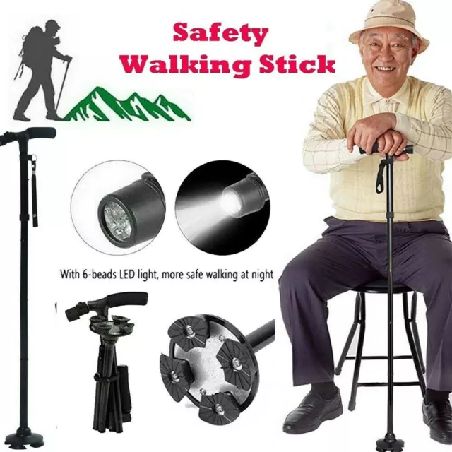 Adjustable Walking Cane Stick All Terrain Pivoting Base Folding Travel Cane LED 2