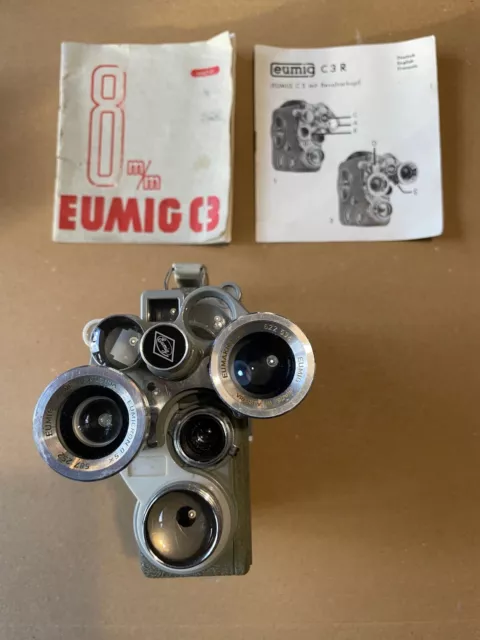 Eumig C3 double 8mm film cine camera with revolver head, cased with instructions