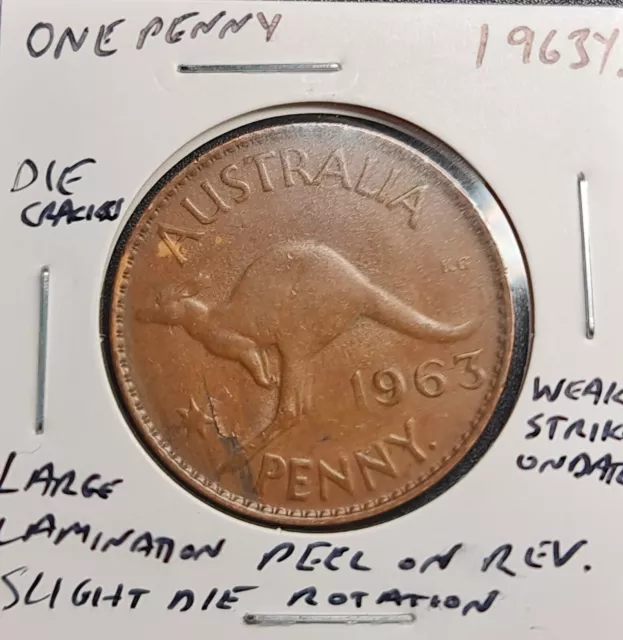 1963Y.  Australian Penny - Multi Error Coin - Die Rotation - Brilliant Tones