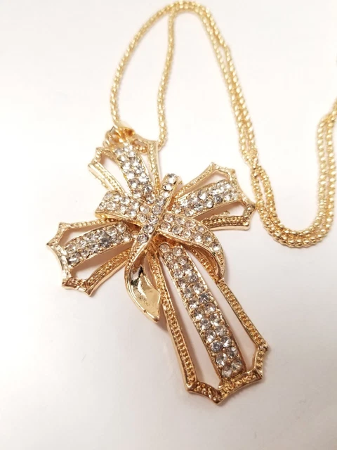 White Rhinestone Cross Bling Crystal Pendant Betsey Johnson Necklace 2