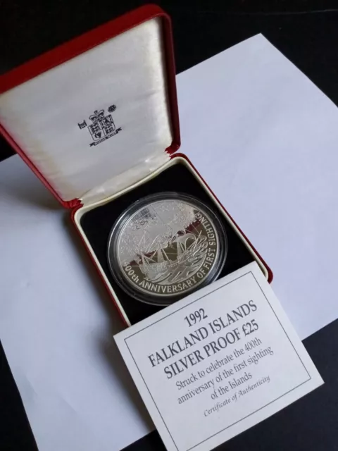 1992 £25 Falkland Islands 400th Anniversary Silver Proof Coin Royal Mint 155.6gm