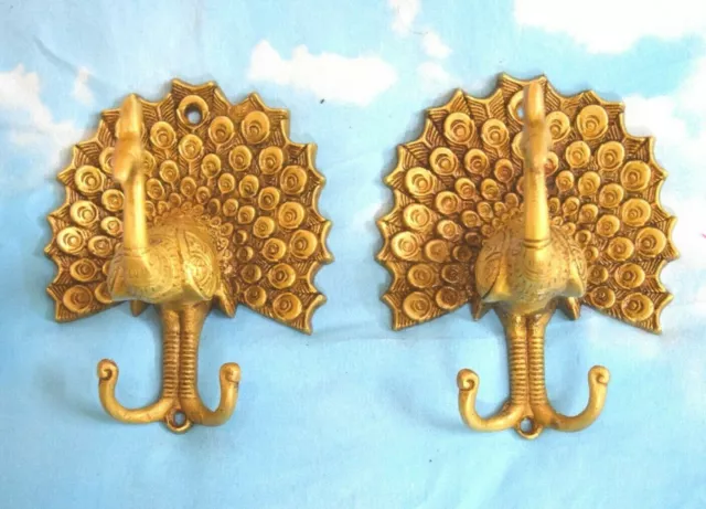 Brass Peacock Wall Hook Pair Of Hooks Peafowl Handmade Decor Cloth Hanger EK66