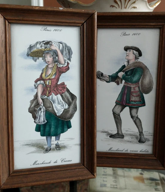 Paris 1600 Pair of Framed Tile Wall Art Merchant Jacobean Vtg Portrait Market