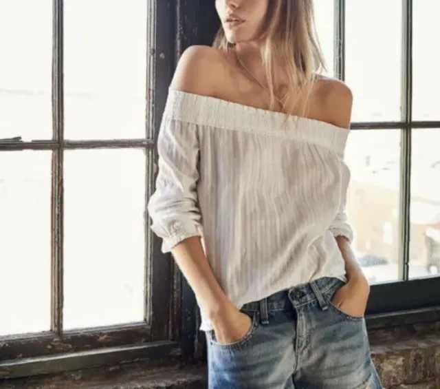 Rag & Bone Drew Smocked Off The Shoulder White Blouse Top Womens Size Small S